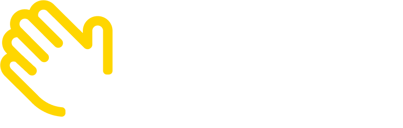 Logo de Hello Convert. Il contient le nom de la marque et son signe distinctif, une main jaune nous saluant.